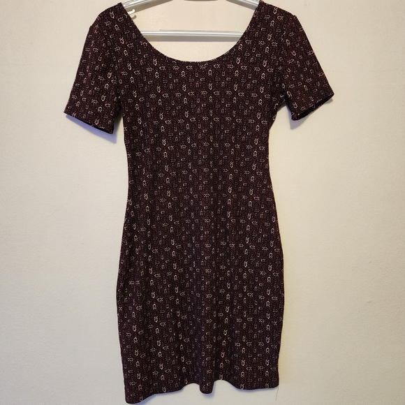 MUDD Maroon Burgandy Brown Black Cream Pattern Form Fitted Bodycon Dress Medium - Picture 14 of 14